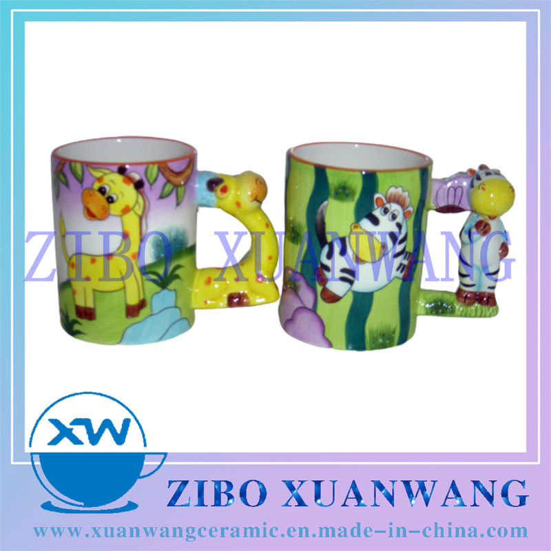 3D Handle Ceramic Mug with Hand Printed Printing Ceramic Cup