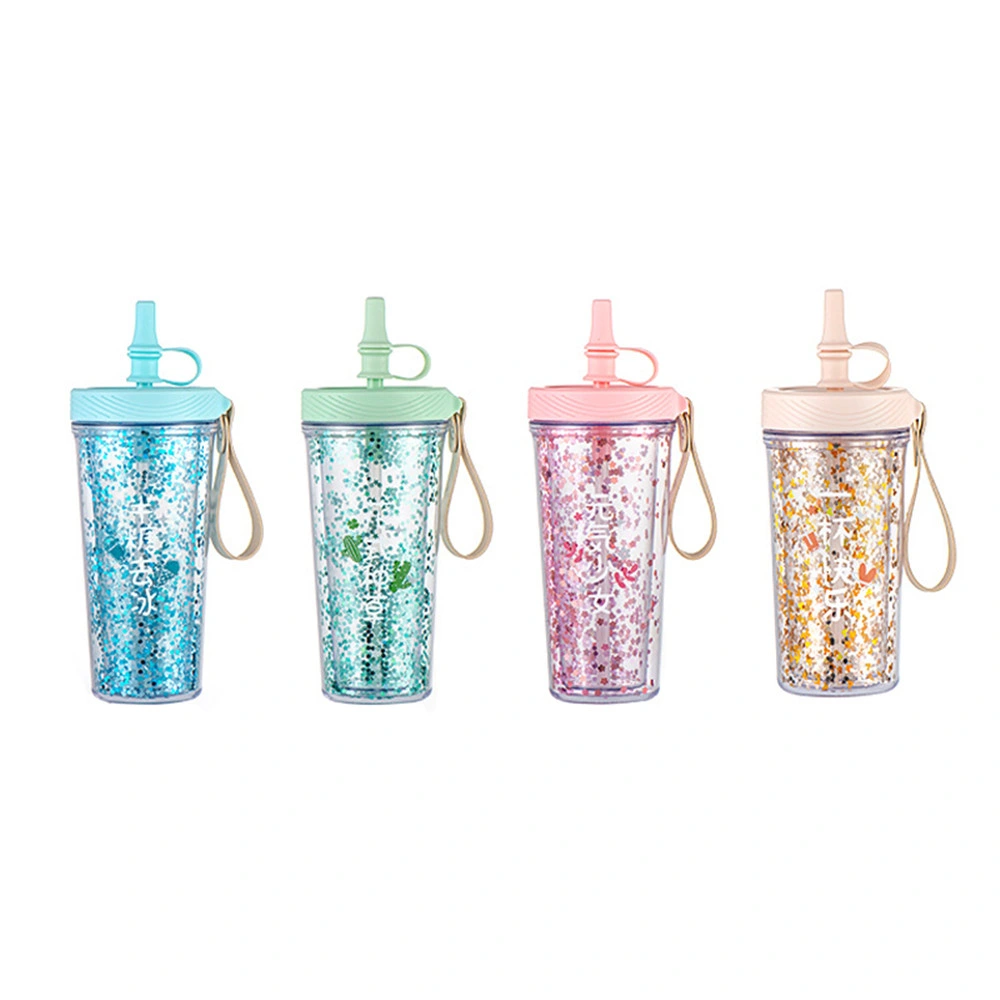 450ml/16oz New Sequin Straw Cup Dust Proof Plastic Cup Juice Cup BPA Free