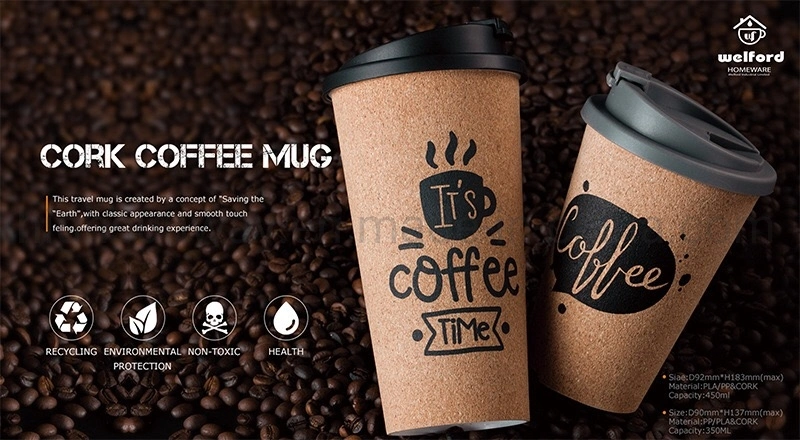 450ml Single Layer PP Biodegradable Eco-Friendly Reusable Cork Coffee Mug Coffee Cup