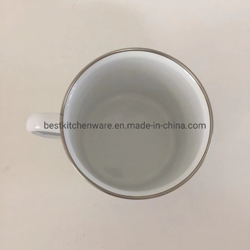 Customized White Enamel Mug with Stainless Steel Rim with Logo