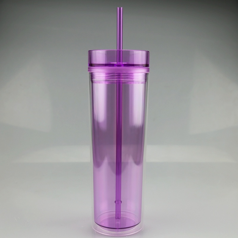 Double Wall Insulated Reusable Plastic Cups 16oz Clear Acrylic Skinny with Straw