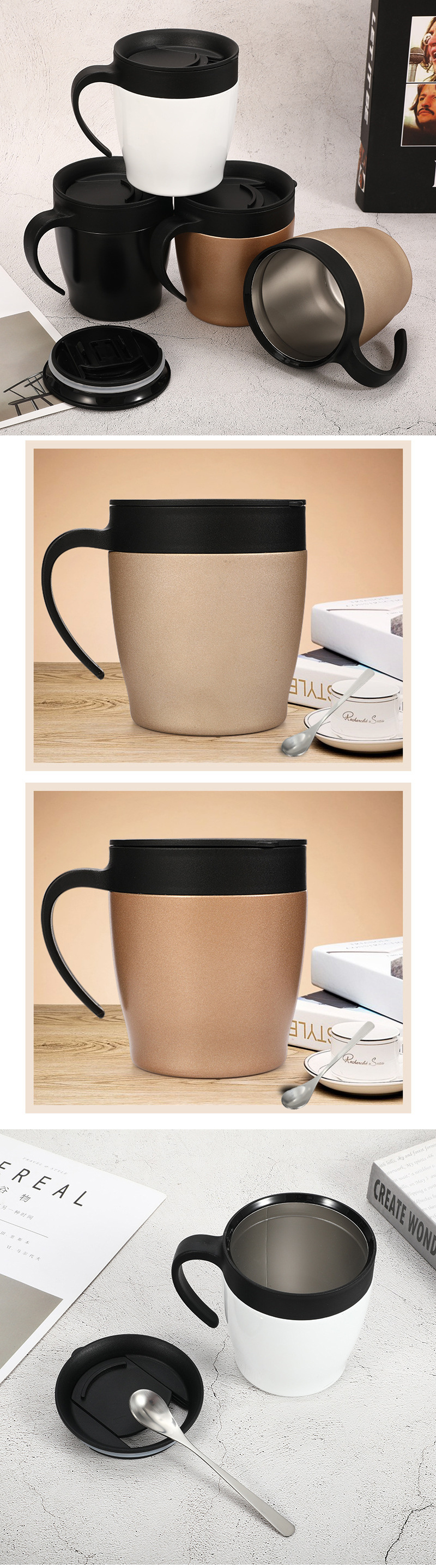 Double Walled Stainless Steel Vacuum Insulated Mugs with Logo Printed Thermos Coffee Mug with Handle
