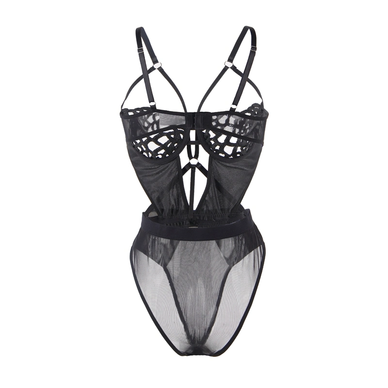 ODM Plus Size Black Lace Splicing Exquisite Hollow out Cup Teddy with Underwire