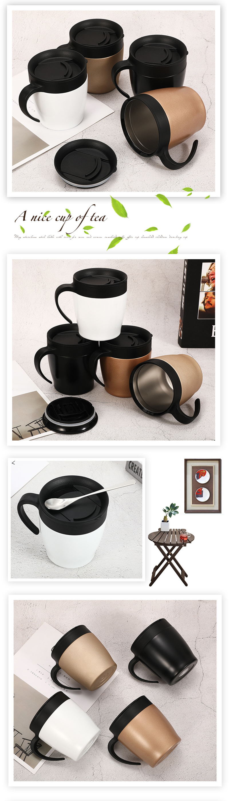 Double Walled Stainless Steel Vacuum Insulated Mugs with Logo Printed Thermos Coffee Mug with Handle