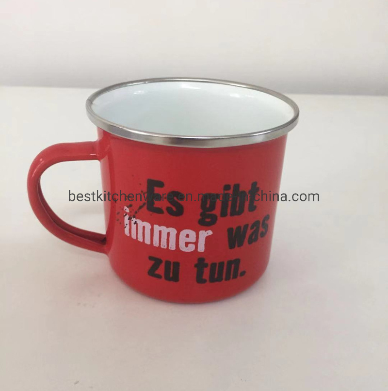 Customized White Enamel Mug with Stainless Steel Rim with Logo