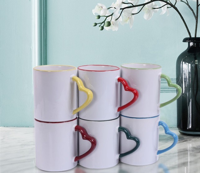 Blank Ceramic Color Band Sublimation Mug with Heart Handle