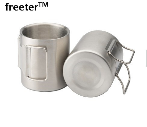 300ml Stainless Steel Double Steel Mug with Folding Hook Handle Cup