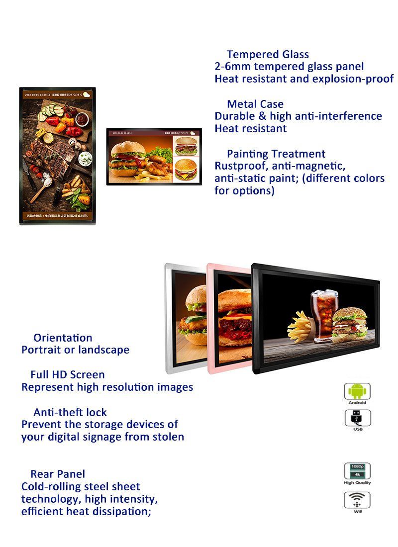 Wall Mount Display Schools Digital Signage Advertising LCD Screen for Menu