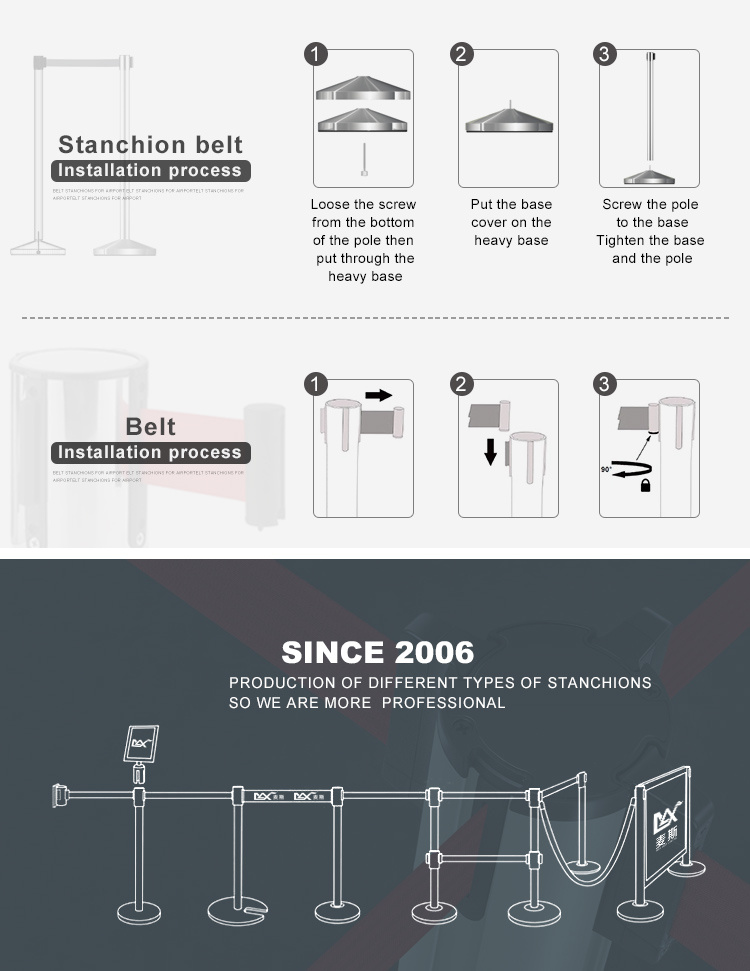 2m/3m Line Stand Construction Stainless Steel Stanchion Crowd Control Retractable Belt Queue Barrier