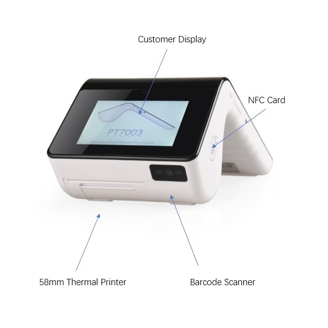PT7003 Mobile POS Payment Terminal with NFC Mifire Magnatic Chip Card Reader and Wireless Barcode Scanner