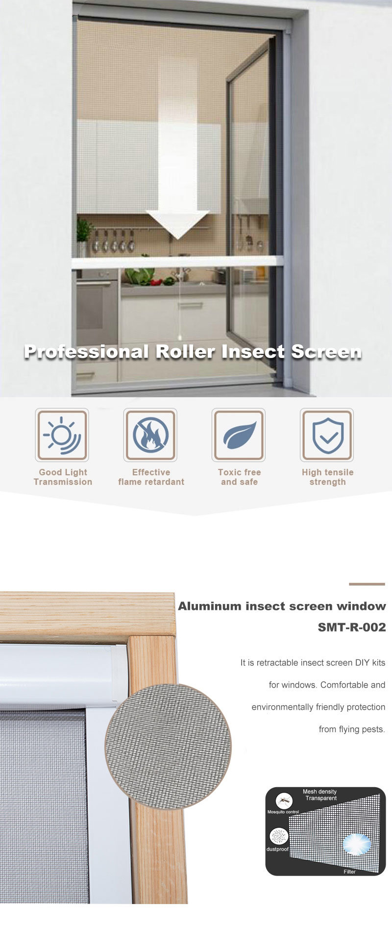 Customized Retractable Horizontal Roller Mosquito Net Fly Screen for Door