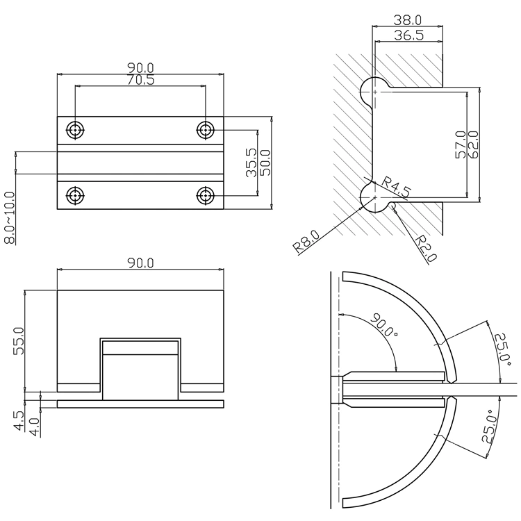 Export Products Brass 90 Degree Frameless Shower Screen Glass Auto Close Door Closing Hinges