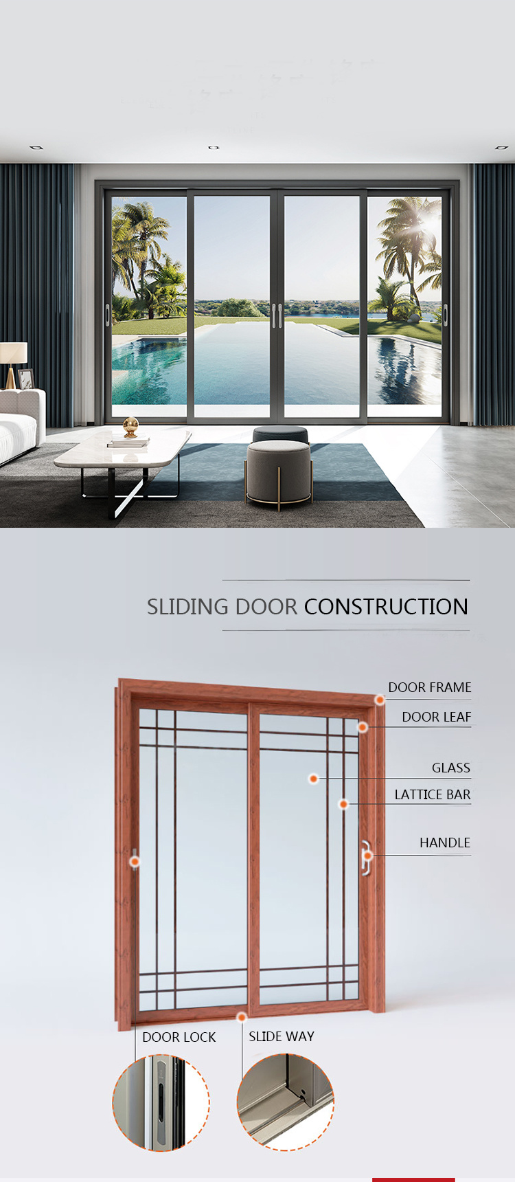 2 Panels French Aluminum Extrusion Profile Livingroom Sliding Door Double Glass Sliding Door with Grills