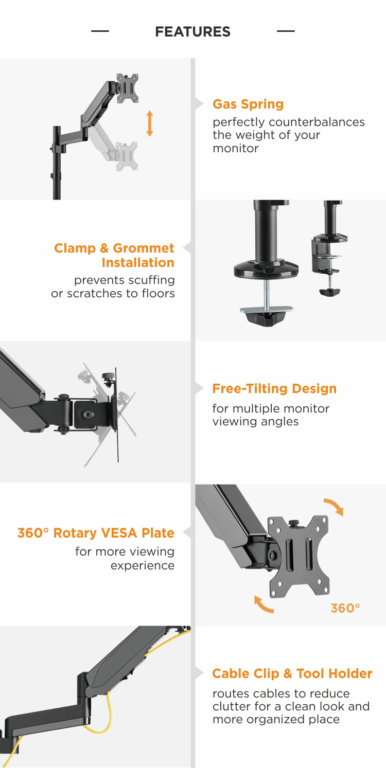 Gas Spring Heavy Duty Single Adjustable Monitor Arm