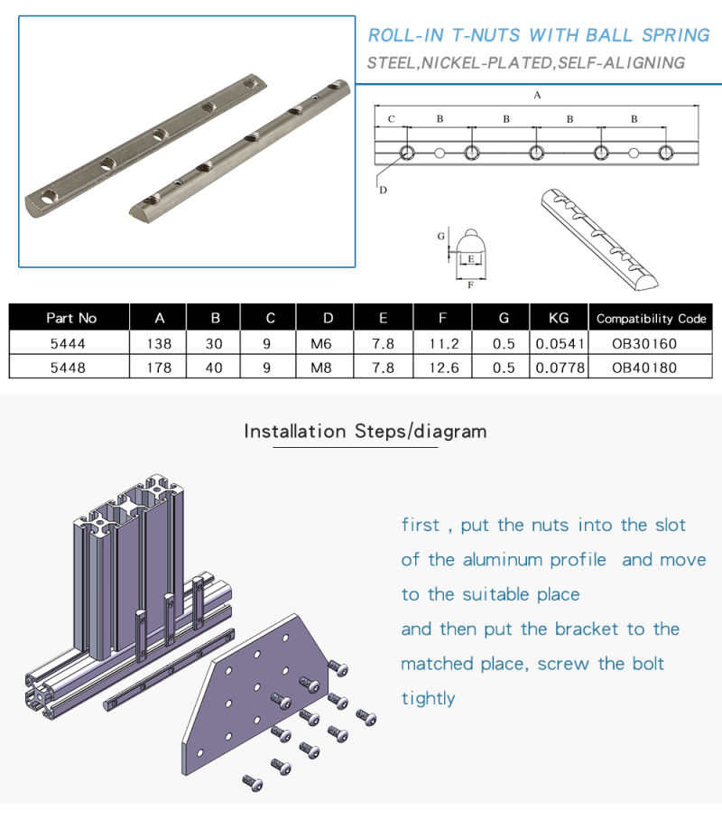 Steel M6 (8S-33) Roll-in T Nuts with Ball Spring for Aluminium Profile