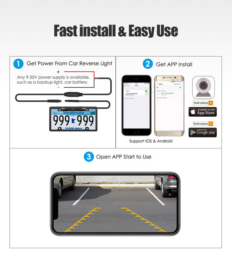 View Angle Universal IP68 Waterproof Car License Plate Frame Camera License Plate Wireless Backup Camera