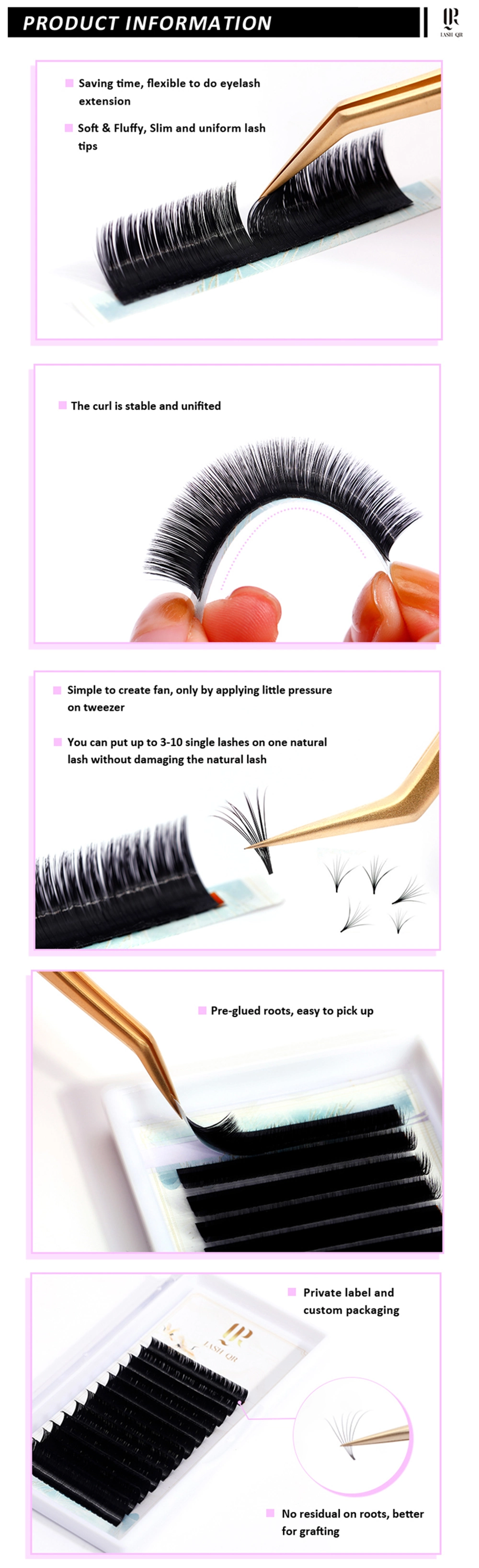 Professional Permanent Natural Soft Extra Long Pre Made Volume False Eyelashes Lash Extension for Salon