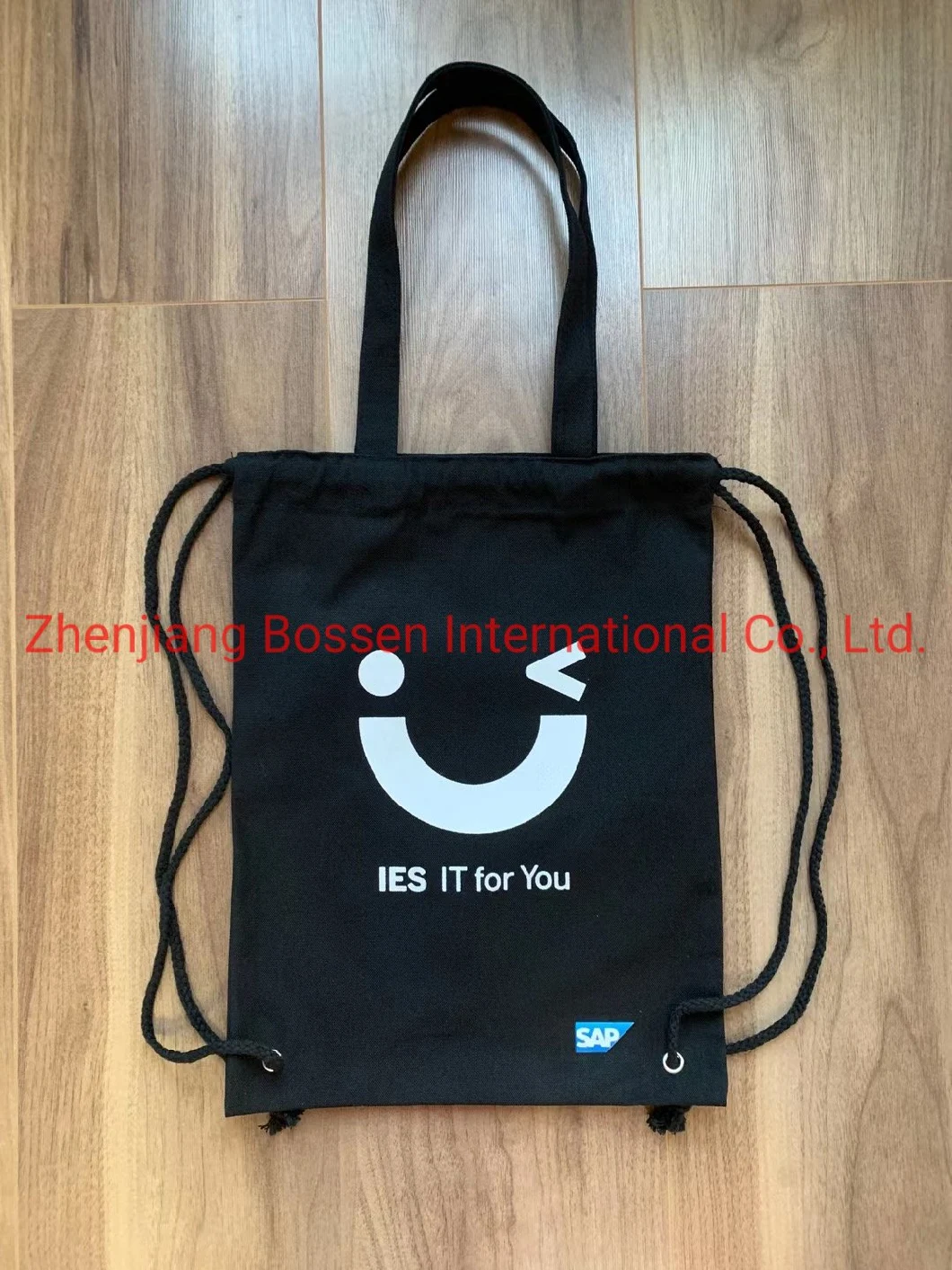 OEM Customized White Logo Printed Black Cotton Canvas Drawstring Shopper Tote Bag