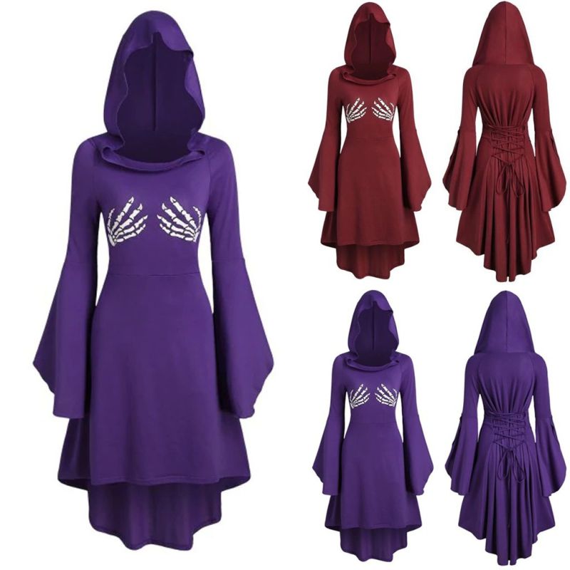 New Halloween Large Size Hooded Strap Skull Hand Printed Spoof Dress