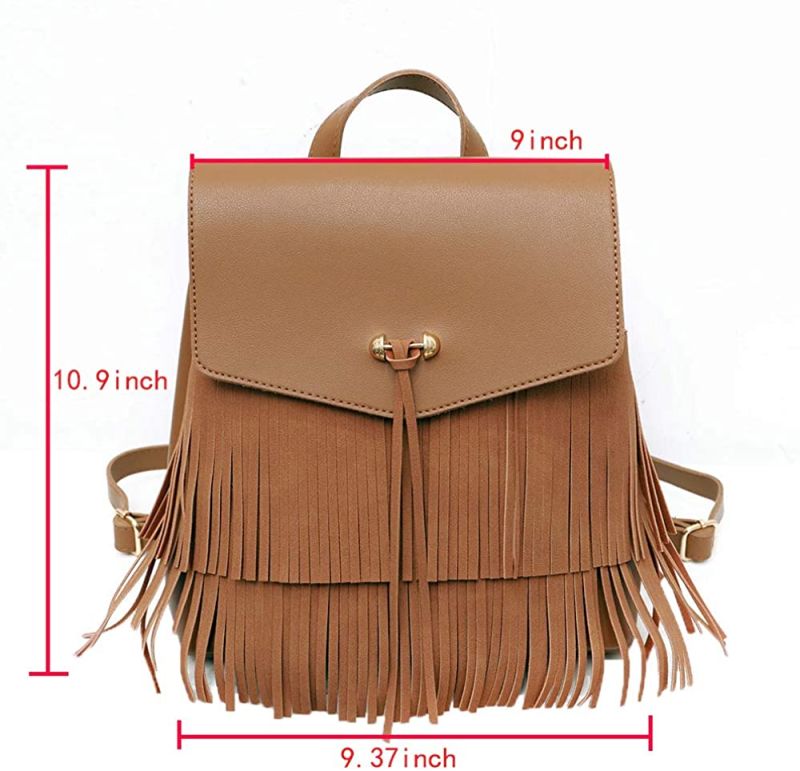 Lady Fringed Backpack Tassel Messenger Shoulder Bag Crossbody Tote Purse Hobo Handbag PU Leather Backpack