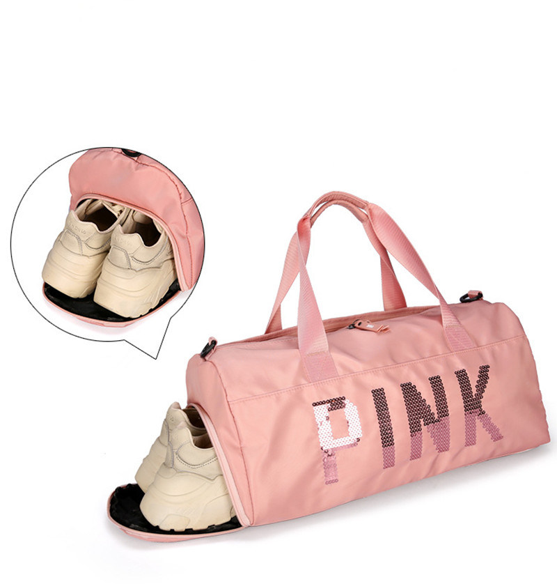 Sequins Pink Letters Gym Fitness Sports Bag Women Crossbody Handbag Travel Bag