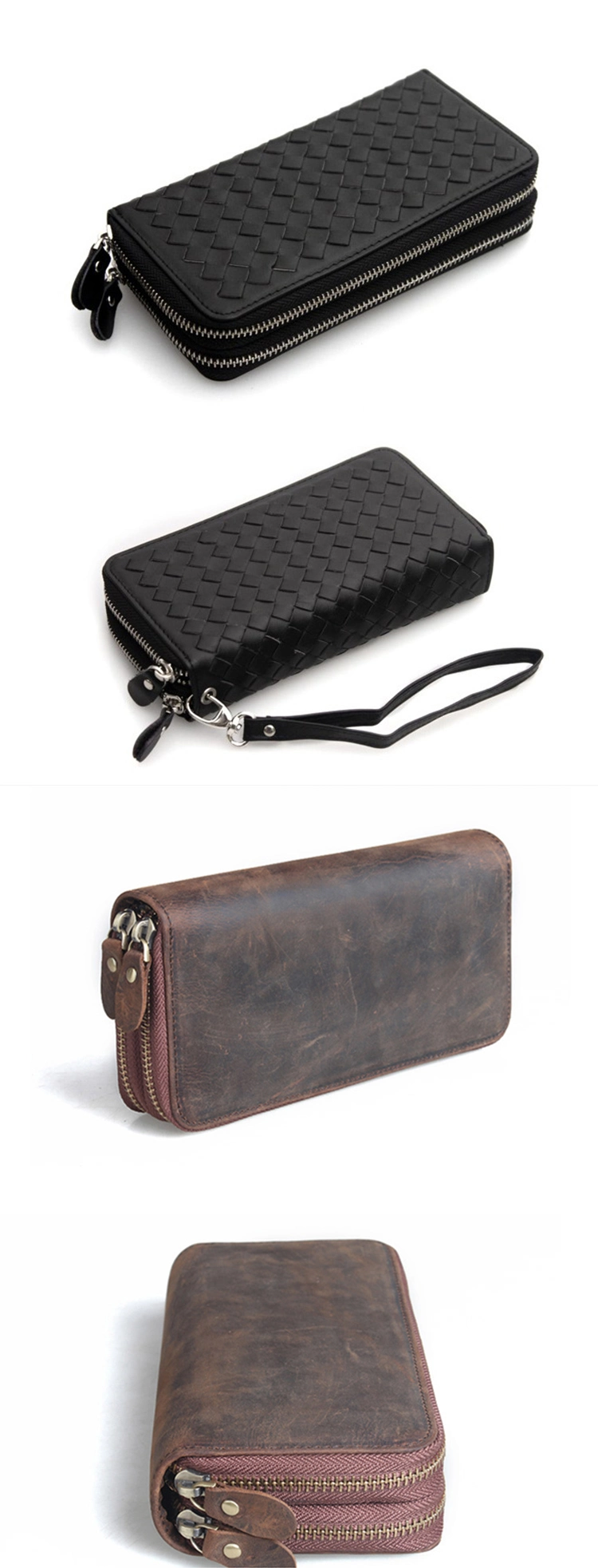 Newest Design High End Black Weave Leather Double Zipper Leather Wallet for Women