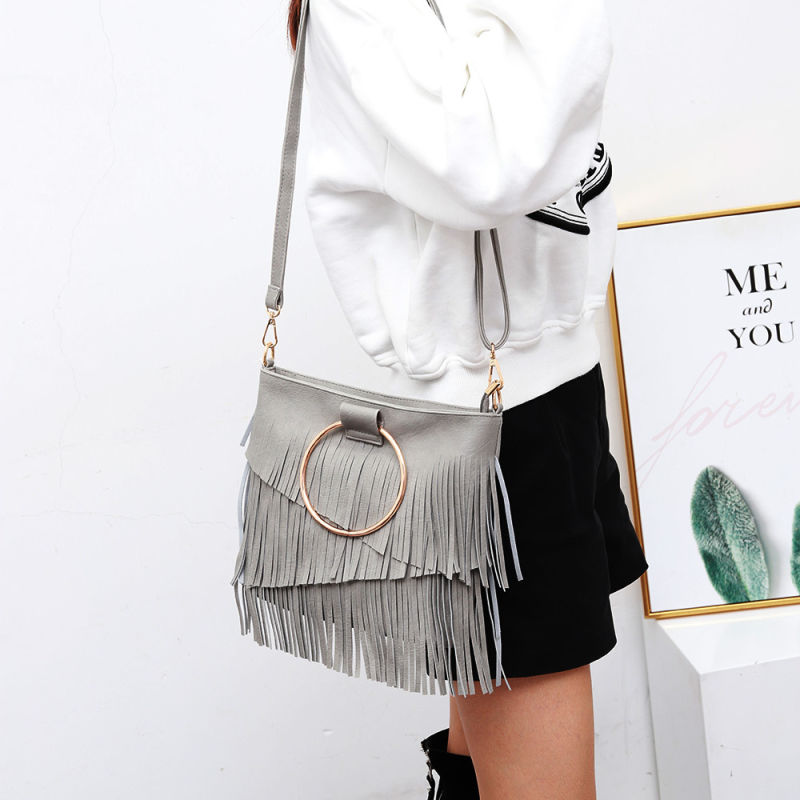 Round Handle Lady Fashion PU Leather Designer Luxury Tassel Tote Handbag Shoulder Bag