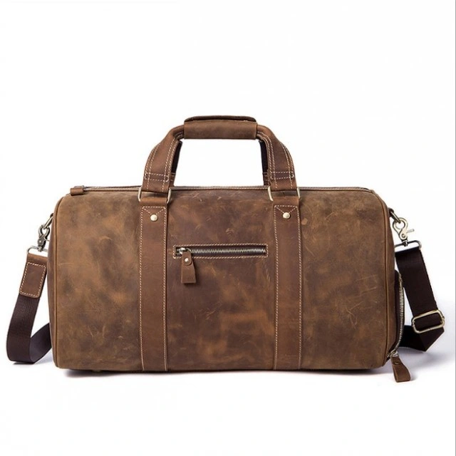 Custom Logo Genuine Full Grain Leather Tote Bag Mens Character Luggage Travel Bag Duffle Bag
