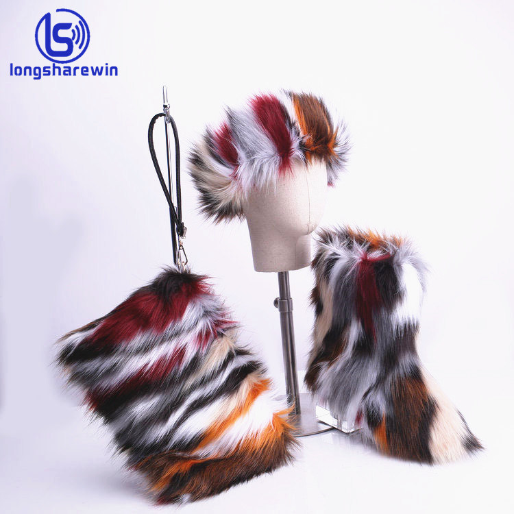 Winter Women Shoes Fur Headband Ladies Faux Fur Boots with Fur Purse and and Headband