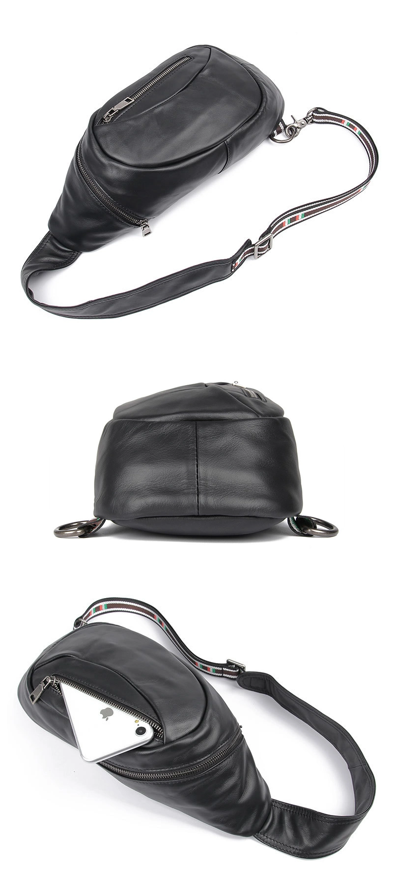 OEM ODM Design Good Quality Black Leather Chest Bag Real Leather Sport Bag for Men