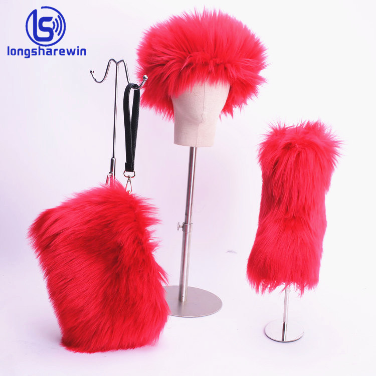 Winter Women Shoes Fur Headband Ladies Faux Fur Boots with Fur Purse and and Headband