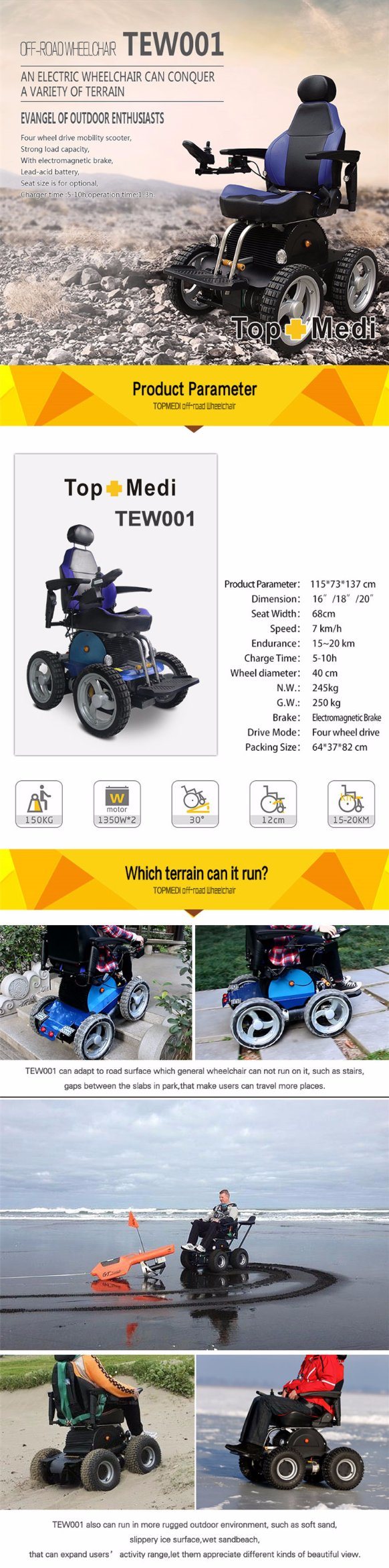 Tew001 Electric Power Beach Stair-Climbing Wheelchair for Handicapped and Disabled