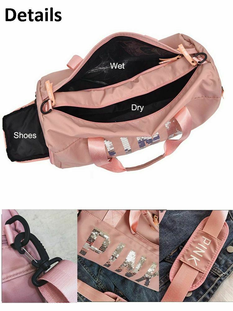 Sequins Pink Letters Gym Fitness Sports Bag Women Crossbody Handbag Travel Bag