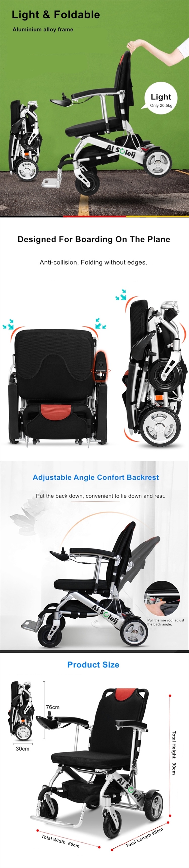 250W 12ah Lithium Battery Handicapped Folding Portable Electric Wheelchair