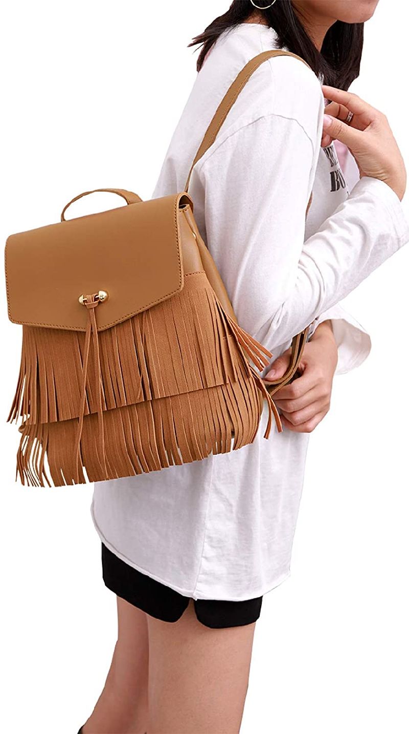 Lady Fringed Backpack Tassel Messenger Shoulder Bag Crossbody Tote Purse Hobo Handbag PU Leather Backpack