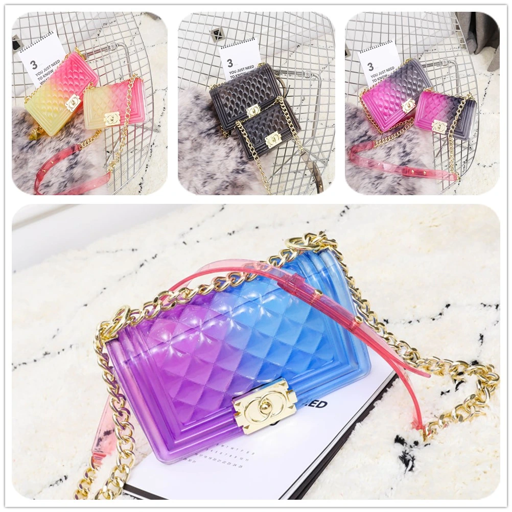 on Sale Trend Fashion Rainbow Gradient PVC Bags Jelly Bag with Popular Shoe Real Fur Slides and Handbag Sets