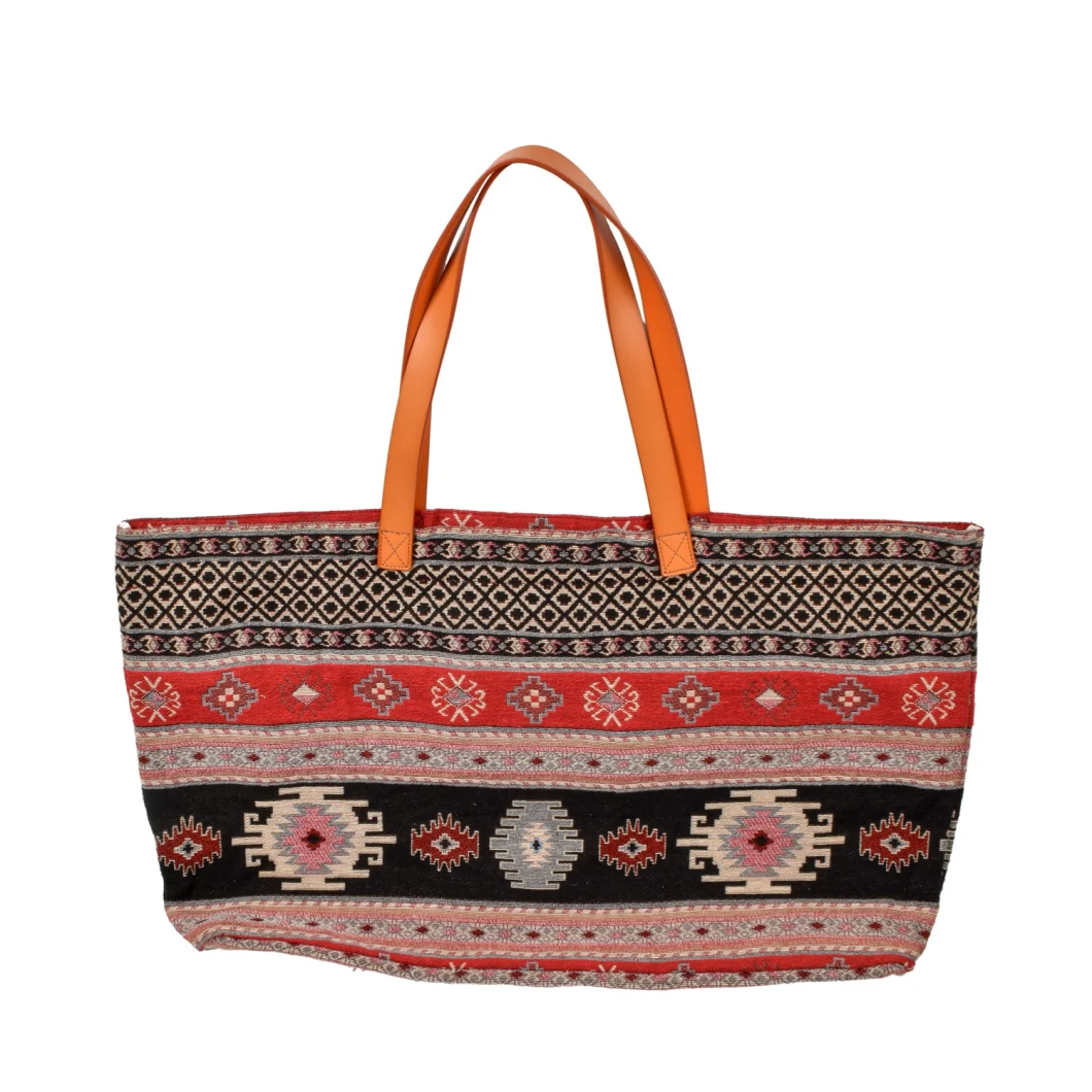 Large Capacity Jacquard Stripe Canvas Girl Beach Tote Bag with Leather Handles (RS200611)