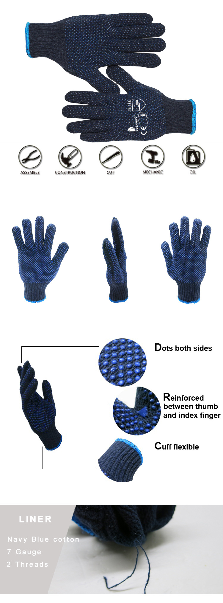 Navy Blue Cotton or Polyester String Knit Gloves with Navy Blue PVC Dots Both Sides