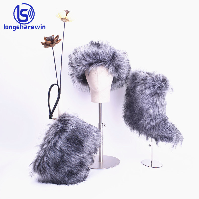 Winter Women Shoes Fur Headband Ladies Faux Fur Boots with Fur Purse and and Headband