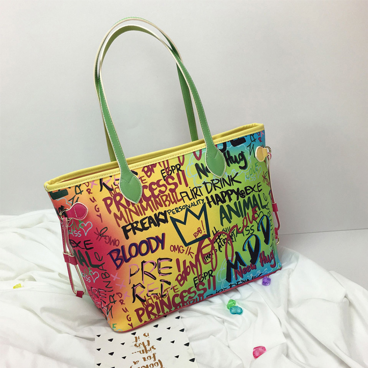 Fashion All-Match Soft Leather Tote Bag Candy Color Bucket Shape Ladies Shoulder Graffiti Handbags