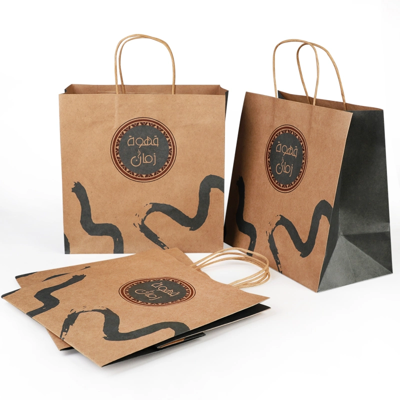 High Quality Brown Biodegradable Supermarket Grocery Vegetable Packing Tote Kraft Paper Bag with Handle