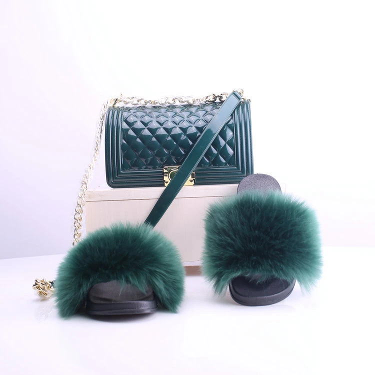 Jelly Purse and Fur Slides Sets, Fur Slippers Purse, Designer Fur Slides Handbag Set