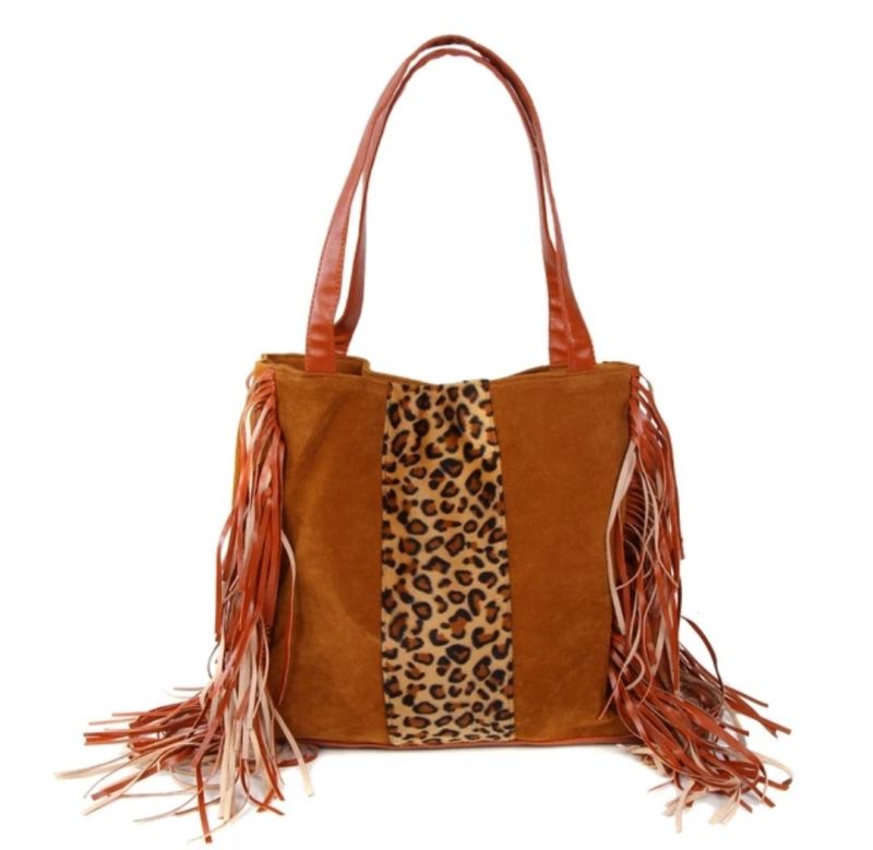 Leopard Print Rainbow Tote Hobo Bag Women Sling Shoulder Handbag with Tassel