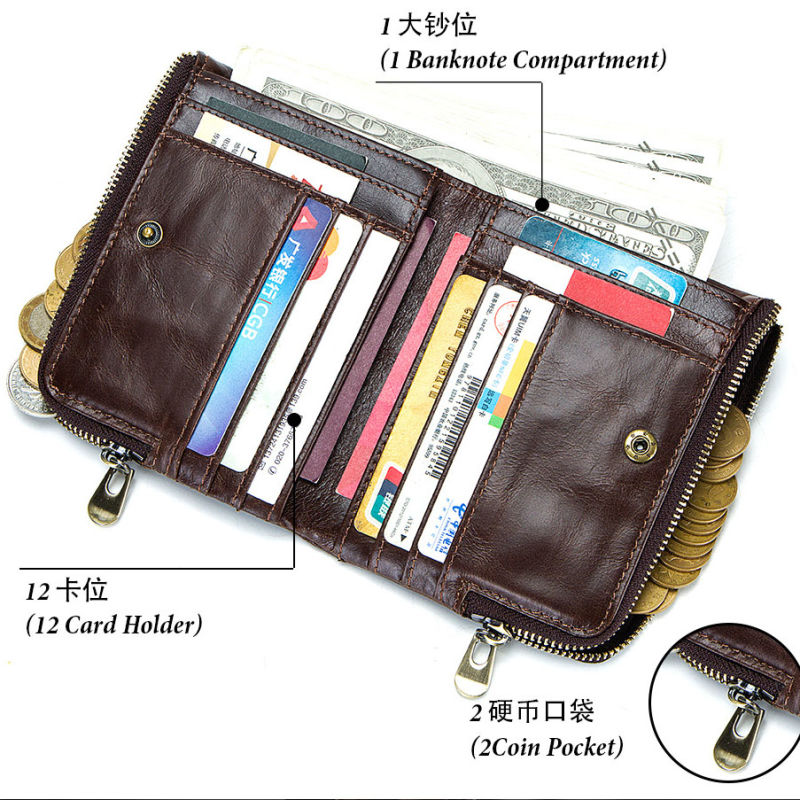 Leather Men Wallet Multi-Functional Double Zipper Wallet