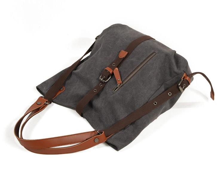 Genuine Leather Shoulder Strap Fashion Women Multi-Pocket Cotton Canvas Shoulder Tote Bags (RS-6015)