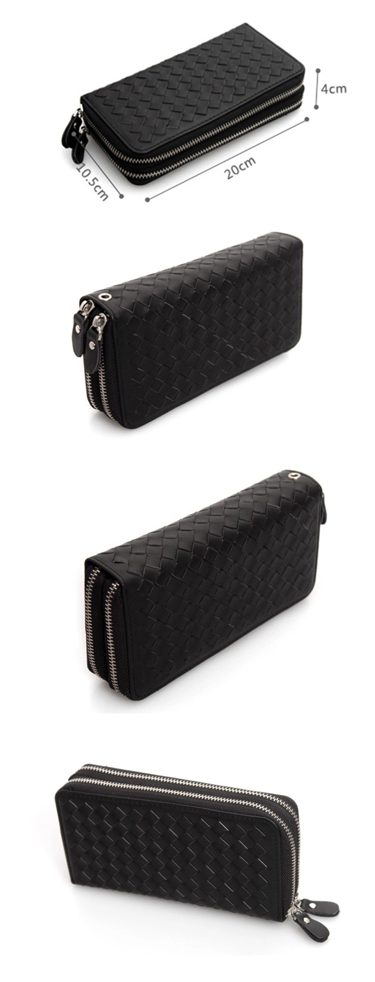 Newest Design High End Black Weave Leather Double Zipper Leather Wallet for Women