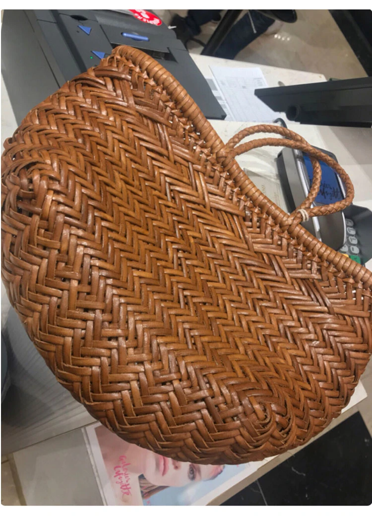 Emg6236 Fashion Genuine Leather Women Handbags Weaving Leather Tote Bag Top Handle Woven Cowhide Leather Bags Genuine