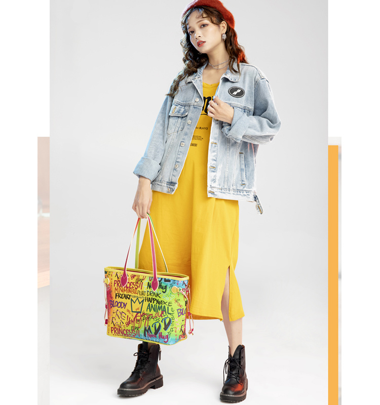 Fashion All-Match Soft Leather Tote Bag Candy Color Bucket Shape Ladies Shoulder Graffiti Handbags