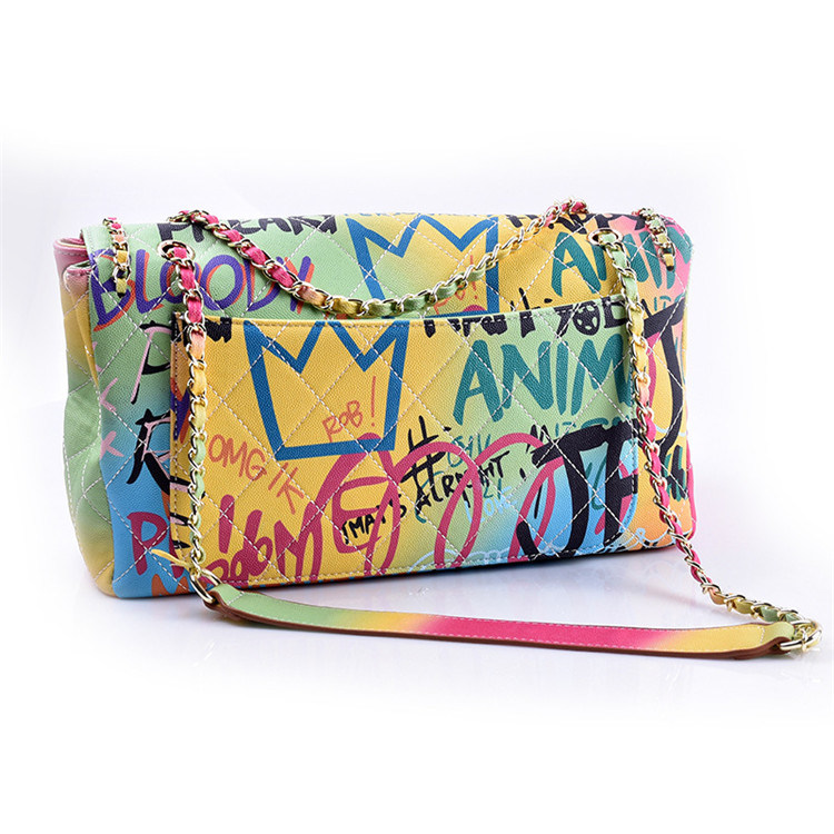 Sh1628 Fashion Large Colorful PU Leather Suede Quilted Lingge Women Shoulder Bags Graffiti Handbag Purses