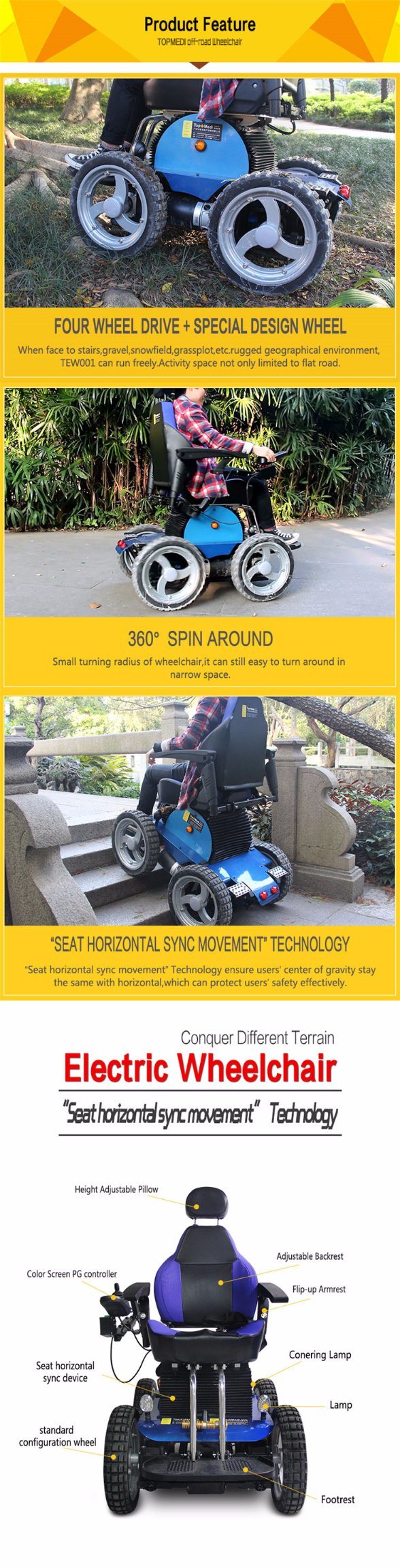 Tew001 Electric Power Beach Stair-Climbing Wheelchair for Handicapped and Disabled